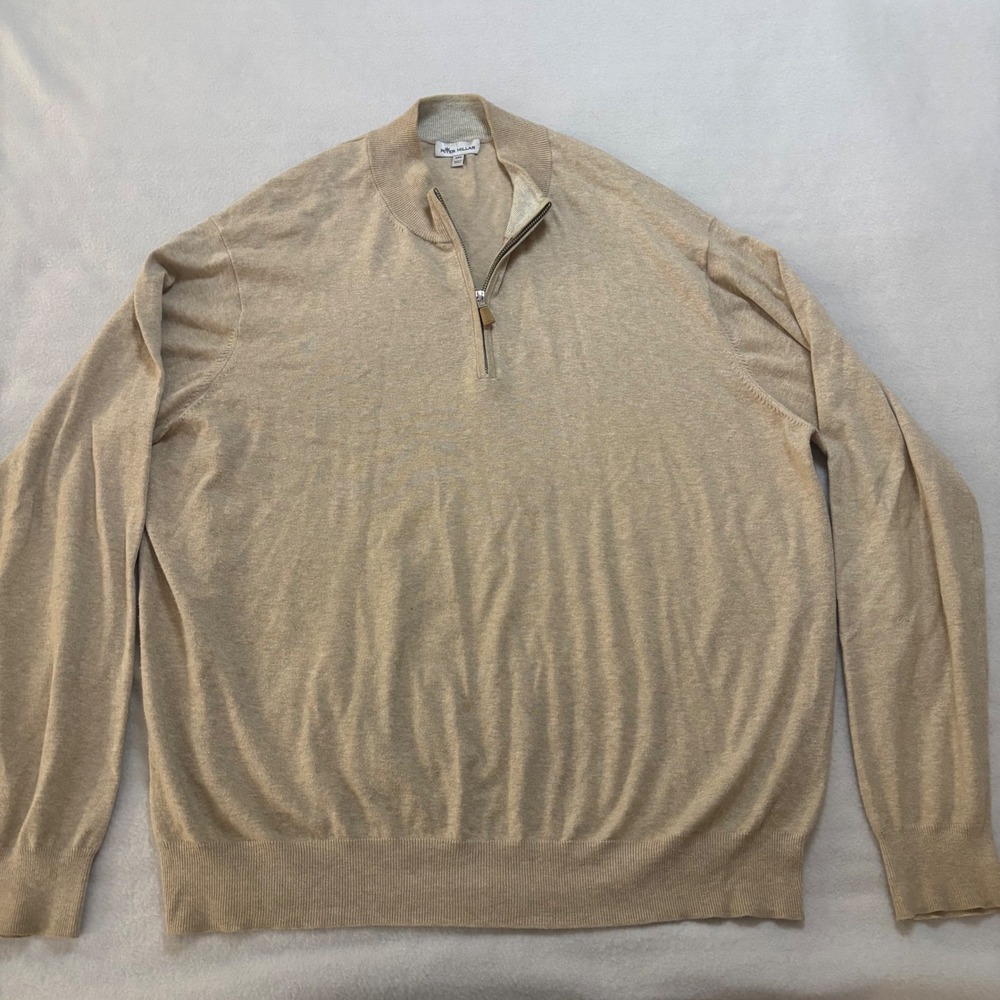 Peter Millar Mens XXL Tan Pima Cotton Silk Cashmere Quarter Zip Sweater Pullover